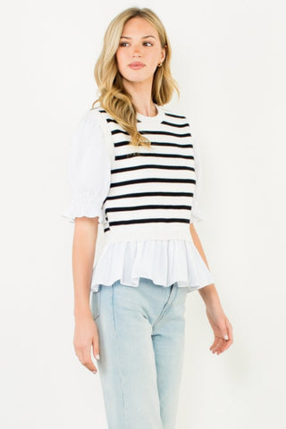 Striped Peplum Puff Sleeve Blouse