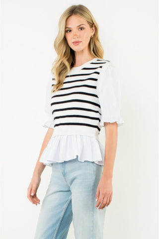 Striped Peplum Puff Sleeve Blouse