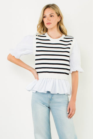 Striped Peplum Puff Sleeve Blouse