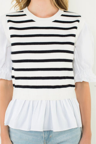 Striped Peplum Puff Sleeve Blouse