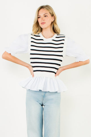 Striped Peplum Puff Sleeve Blouse