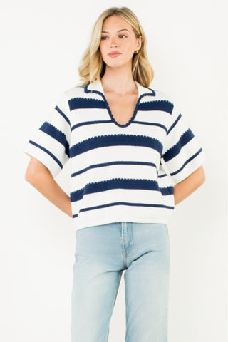 Striped V-Neck Short Sleeve Top