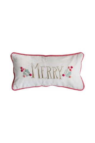 Decorative pillow with 'Merry' text and festive designs on a white background