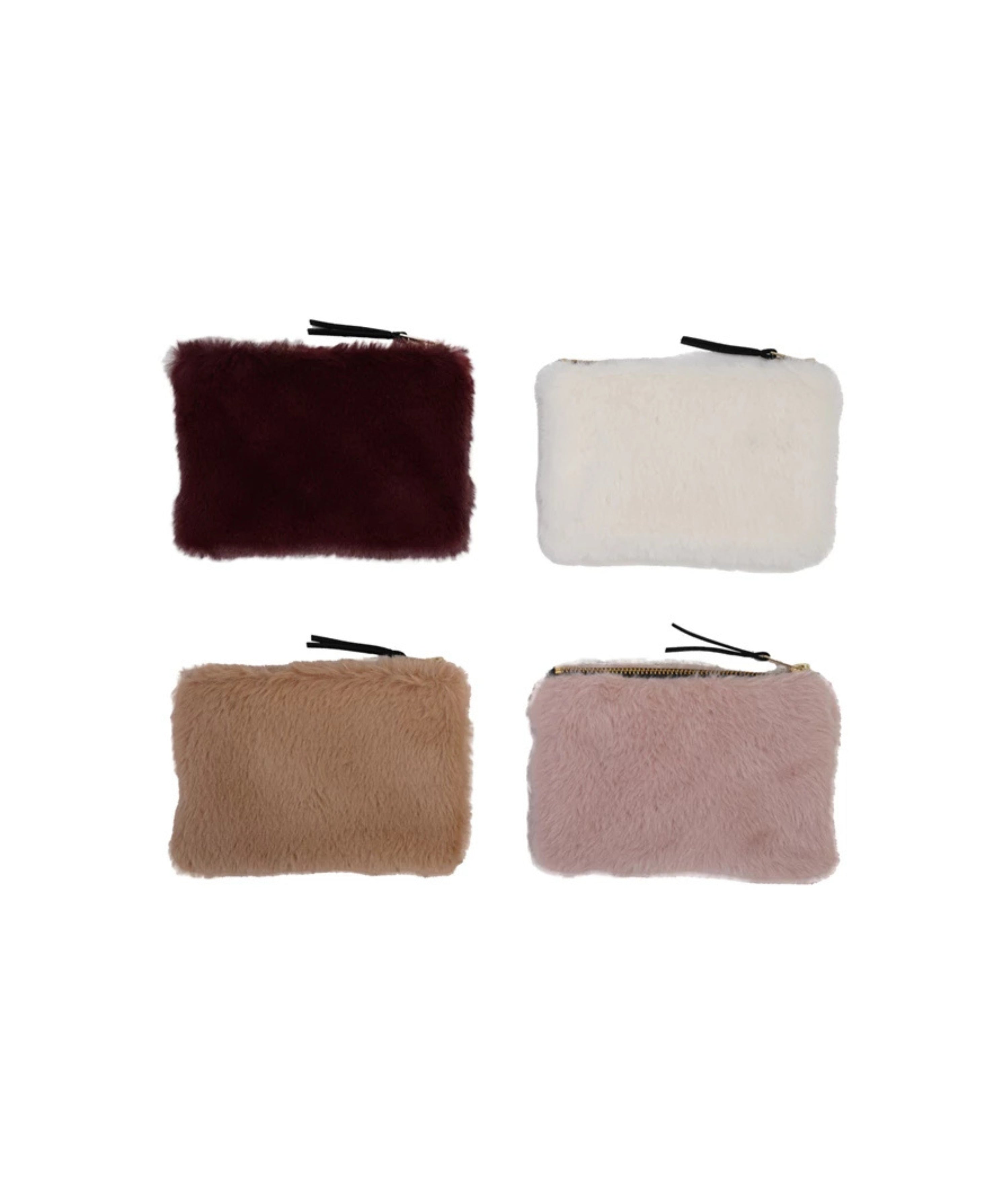Four fur-textured pouches in different colors on a white background