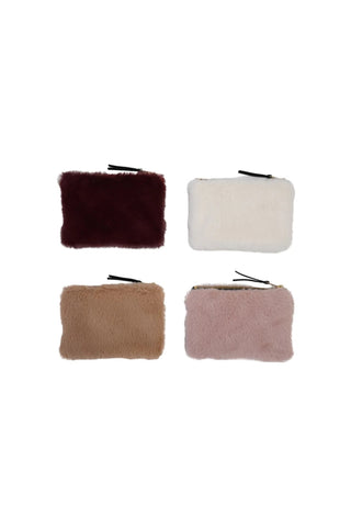 Four fur-textured pouches in different colors on a white background