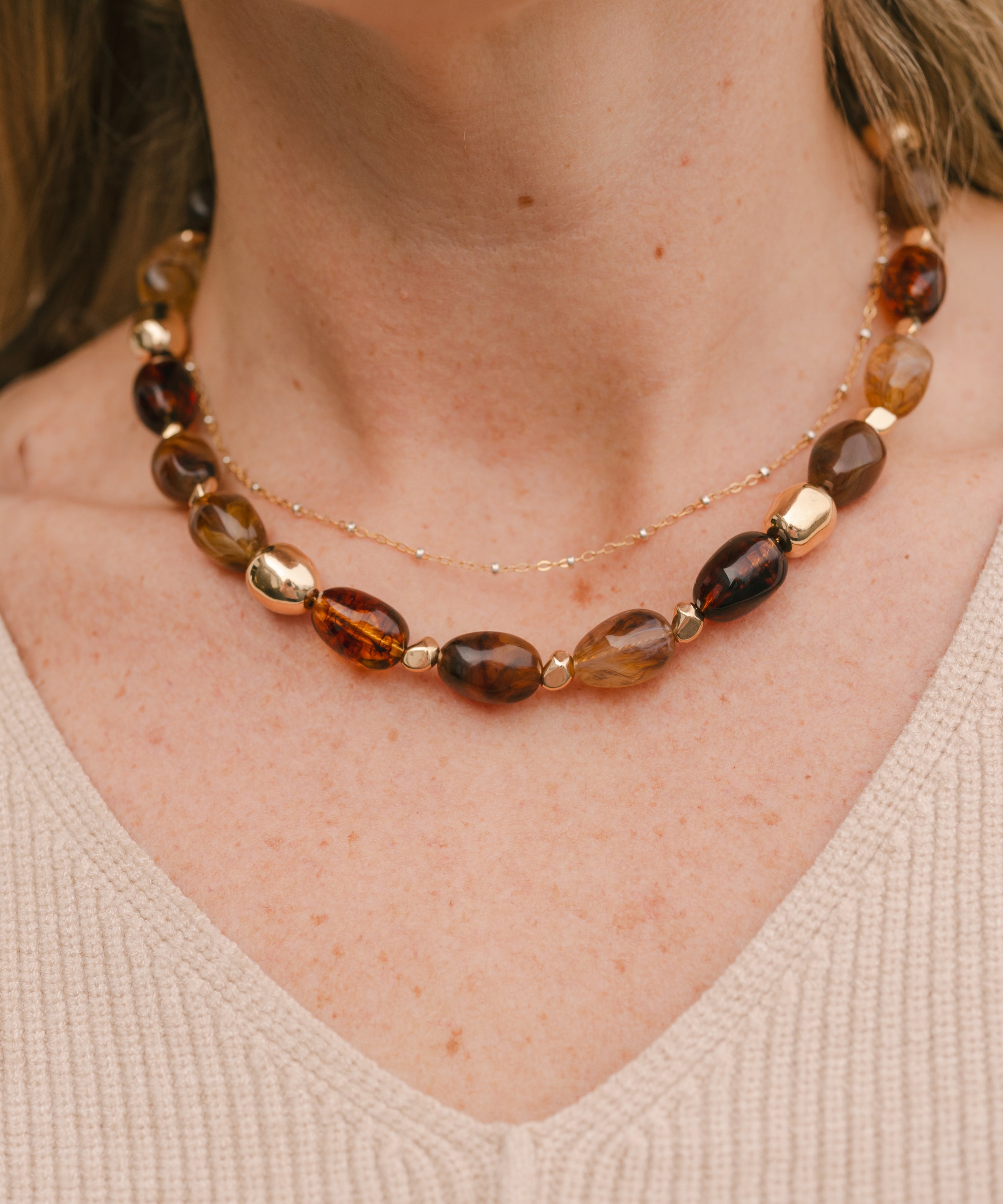 Marble Ball & Metal Bead Necklace – Layered Mixed Material Statement Necklace (detail view 2)