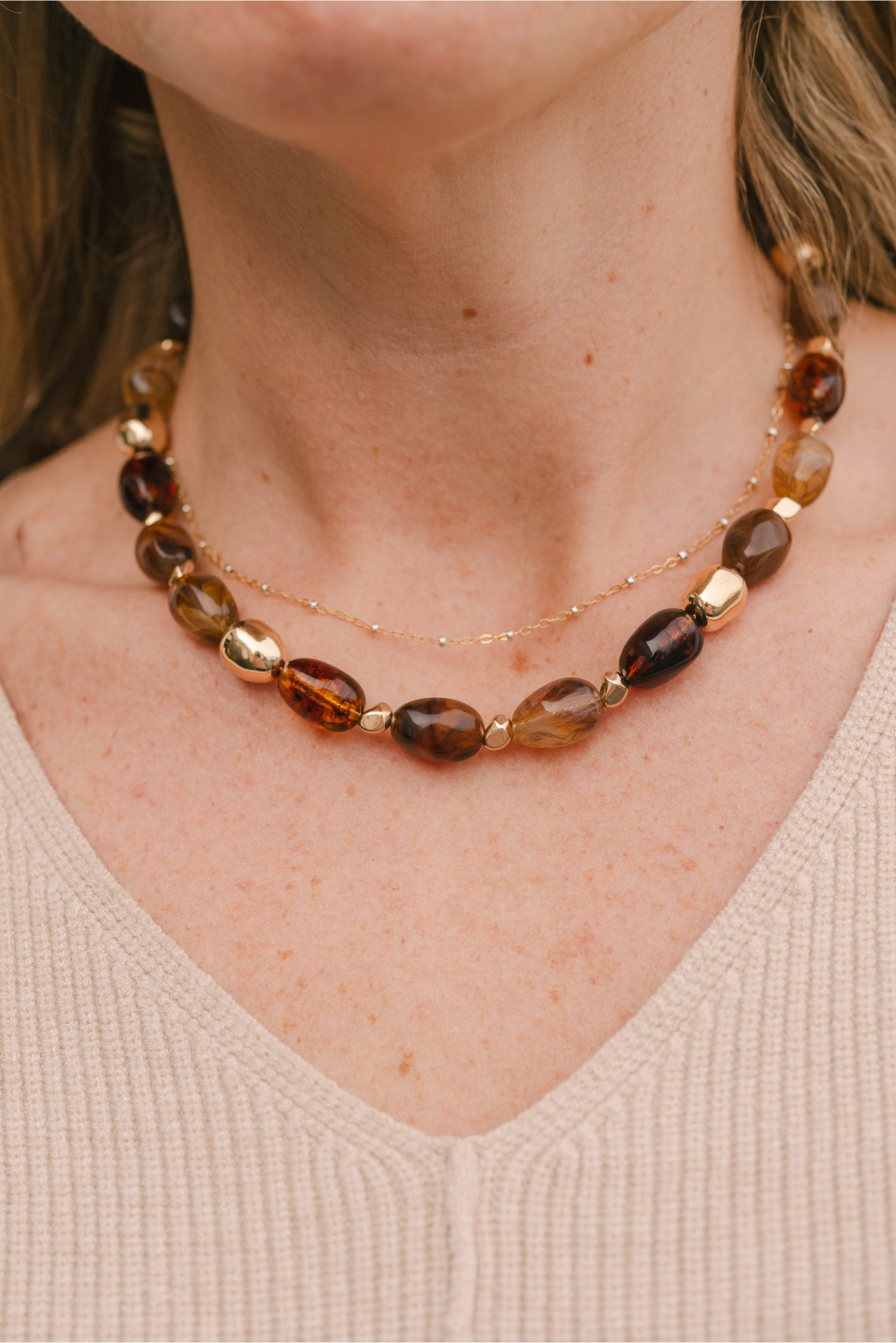 Marble Ball & Metal Bead Necklace – Layered Mixed Material Statement Necklace (detail view 2)