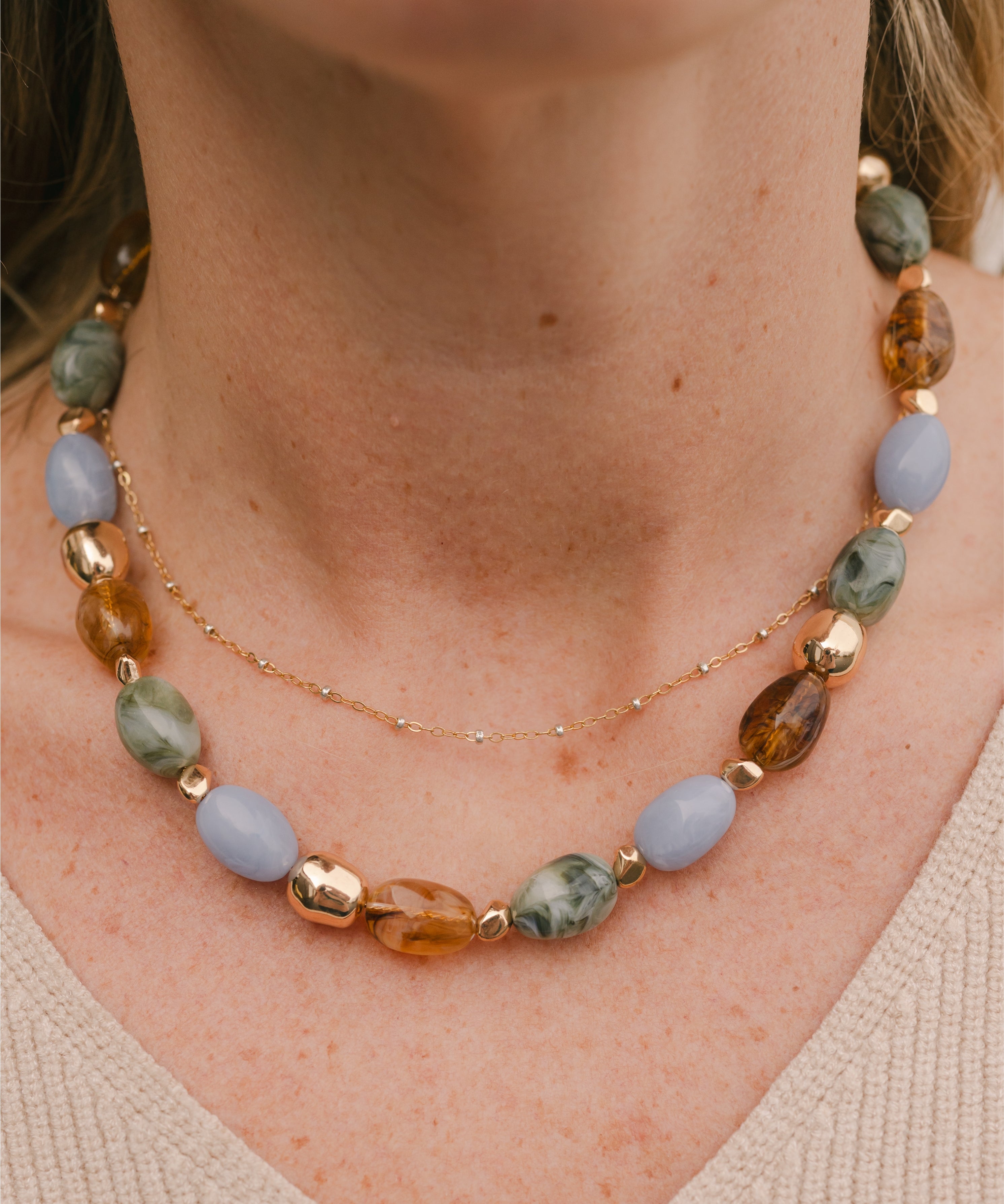 Marble Ball & Metal Bead Necklace – Layered Mixed Material Statement Necklace