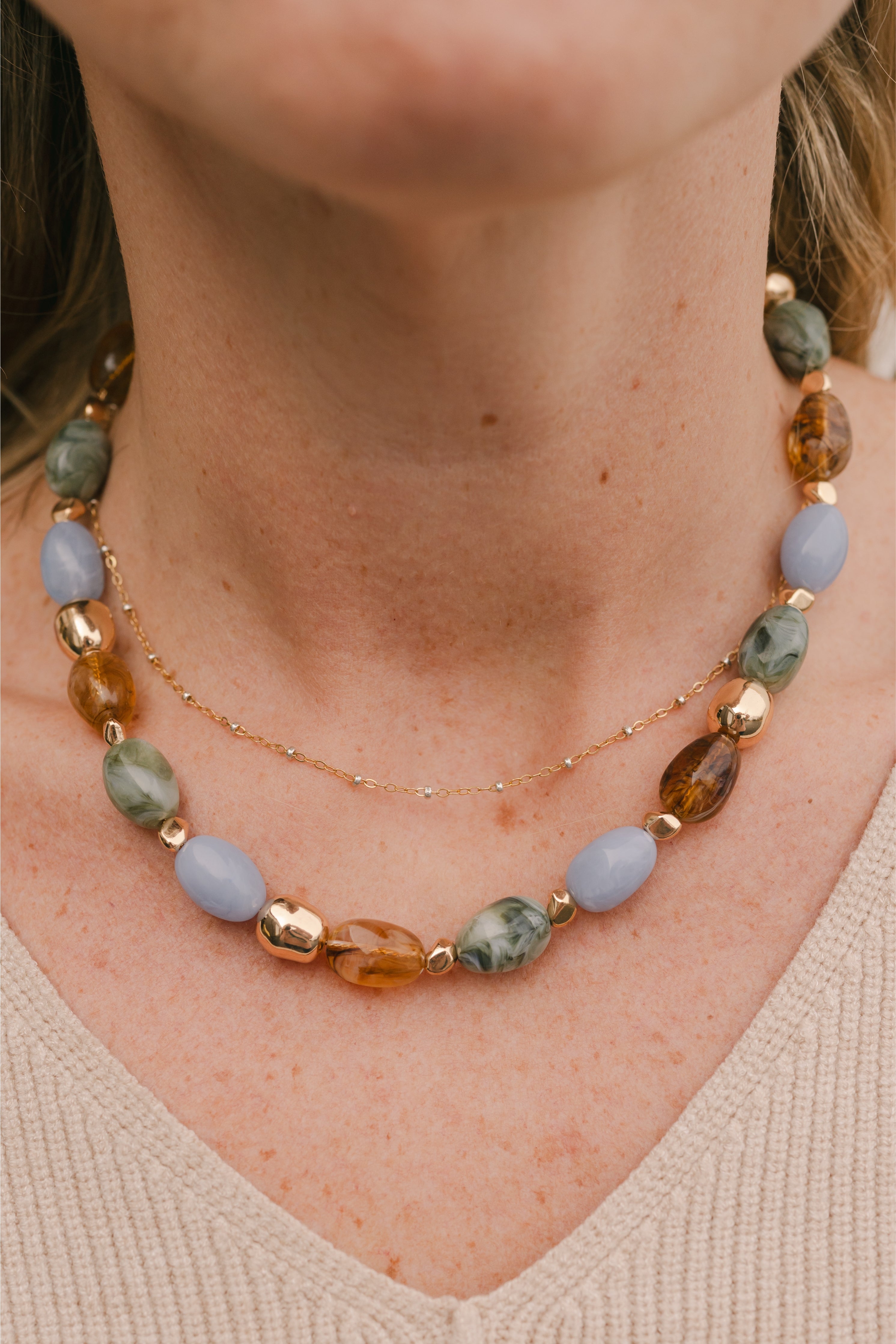 Marble Ball & Metal Bead Necklace – Layered Mixed Material Statement Necklace