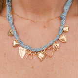 Heart & Bow Multi Charm Scarf Necklace – Silk Scarf Necklace with Heart Charms
