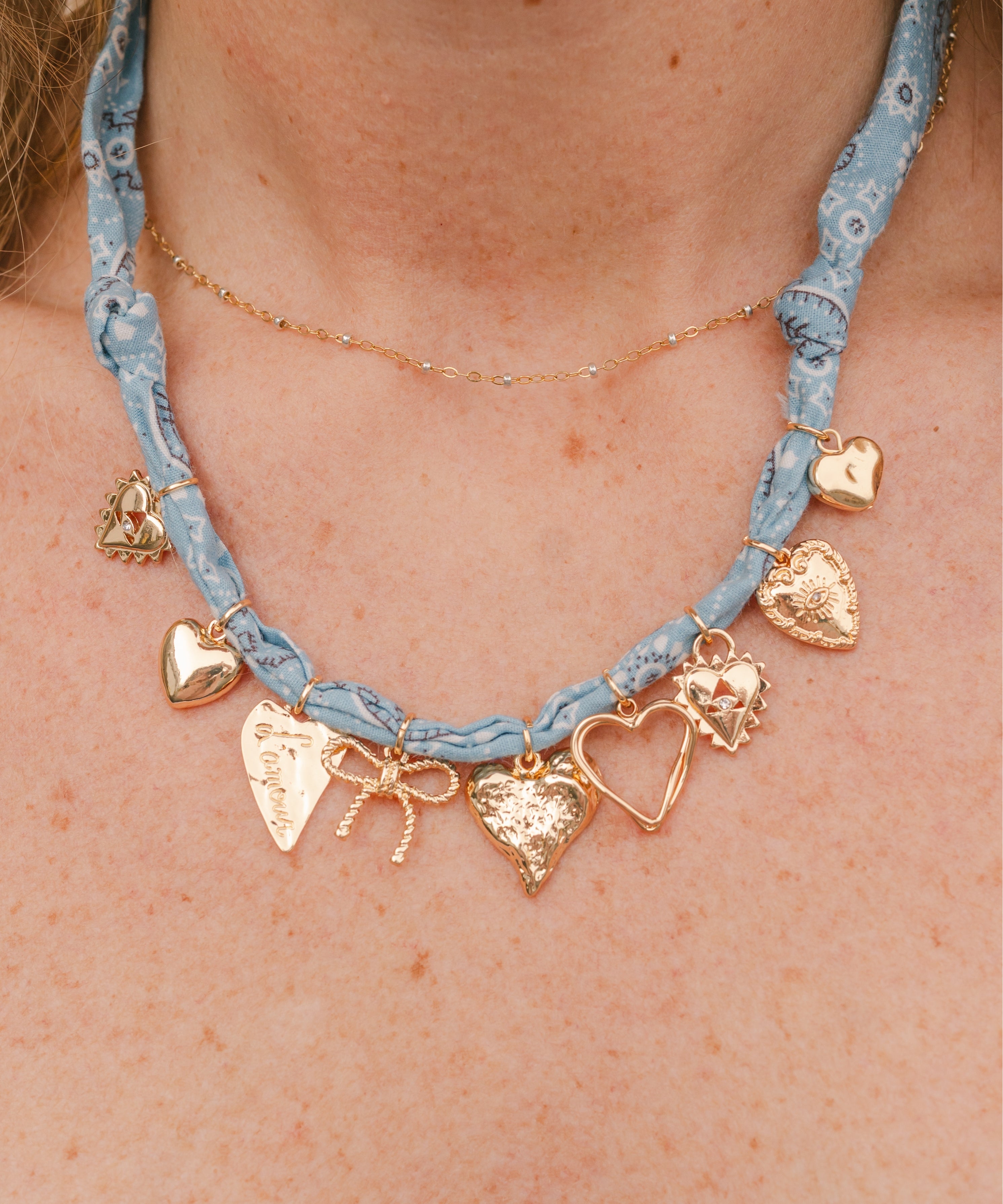Heart & Bow Multi Charm Scarf Necklace – Silk Scarf Necklace with Heart Charms