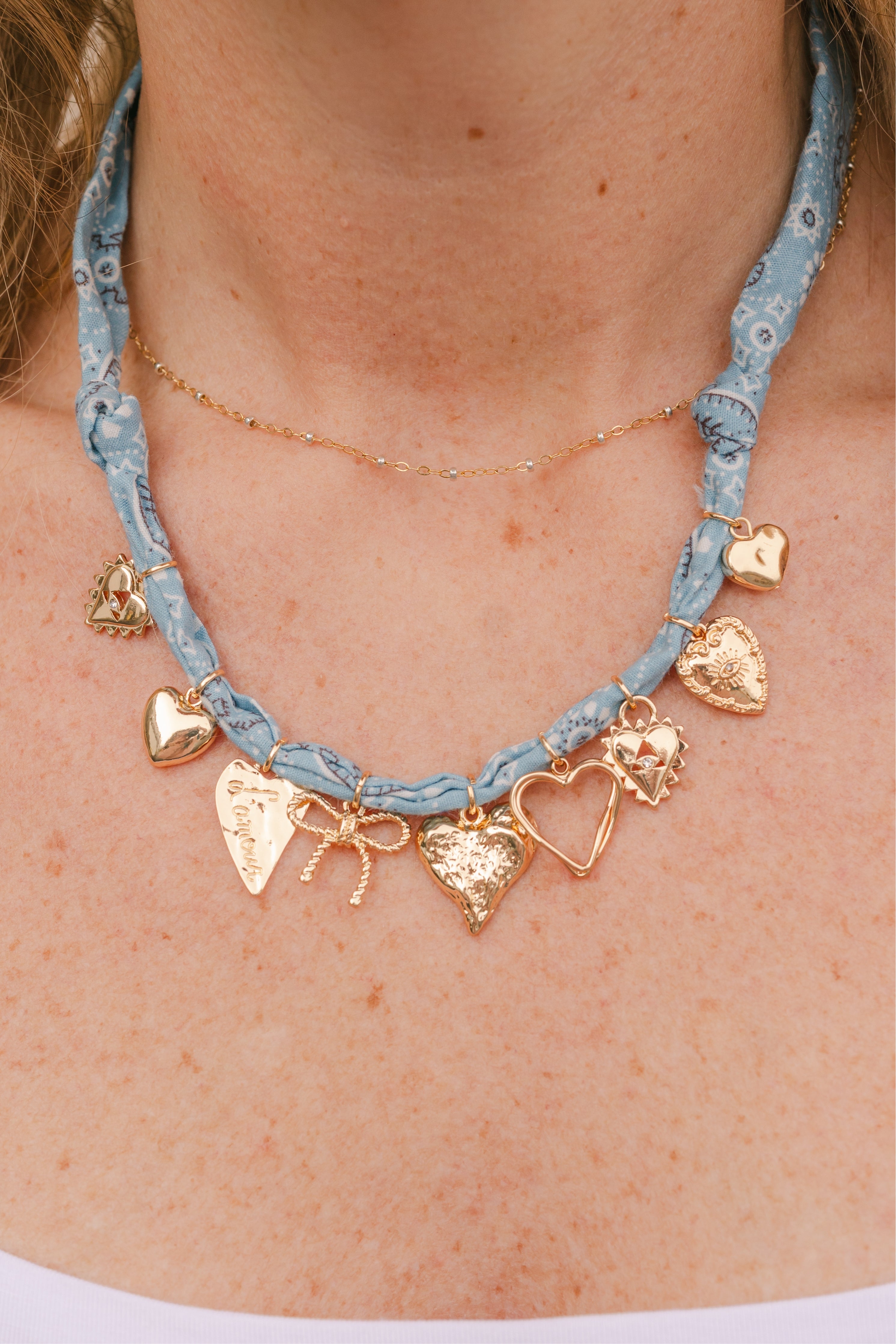 Heart & Bow Multi Charm Scarf Necklace – Silk Scarf Necklace with Heart Charms