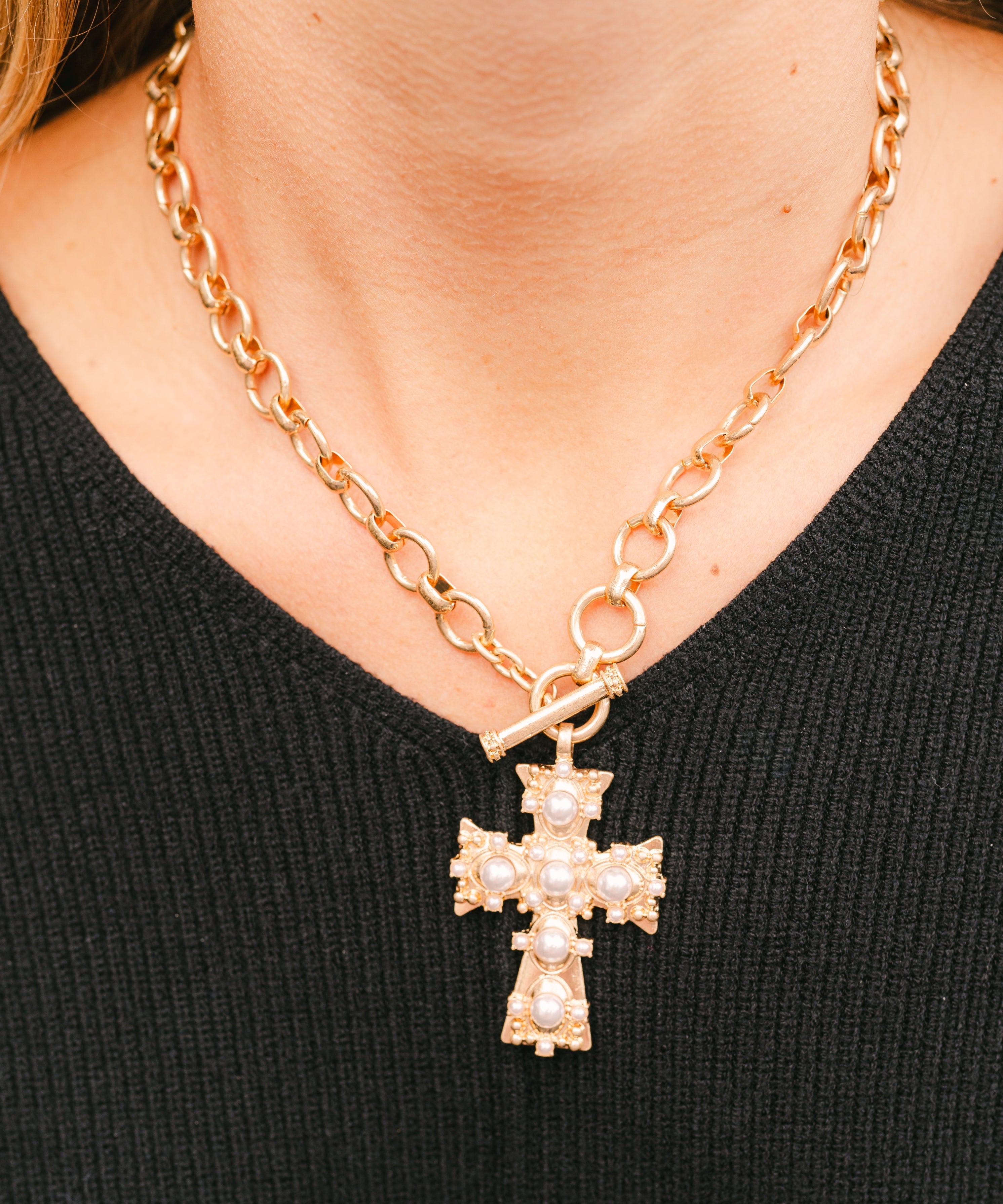 Pearl Studded Cross Necklace – Gold Pearl Cross Pendant Necklace