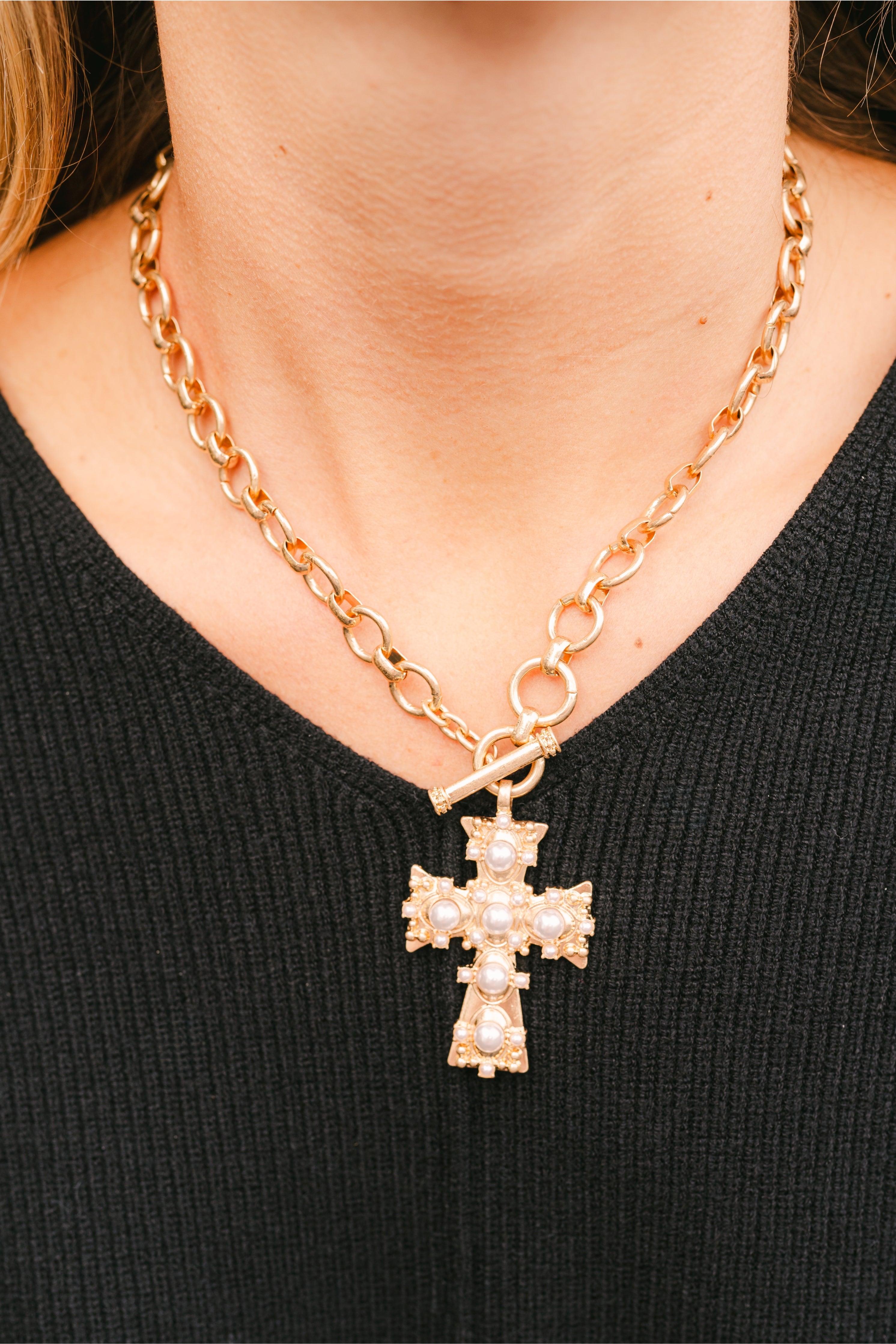 Pearl Studded Cross Necklace – Gold Pearl Cross Pendant Necklace