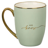 Be Still and Know Green & Gold Ceramic Coffee Mug - Christian Gift for Women (detail view 2)
