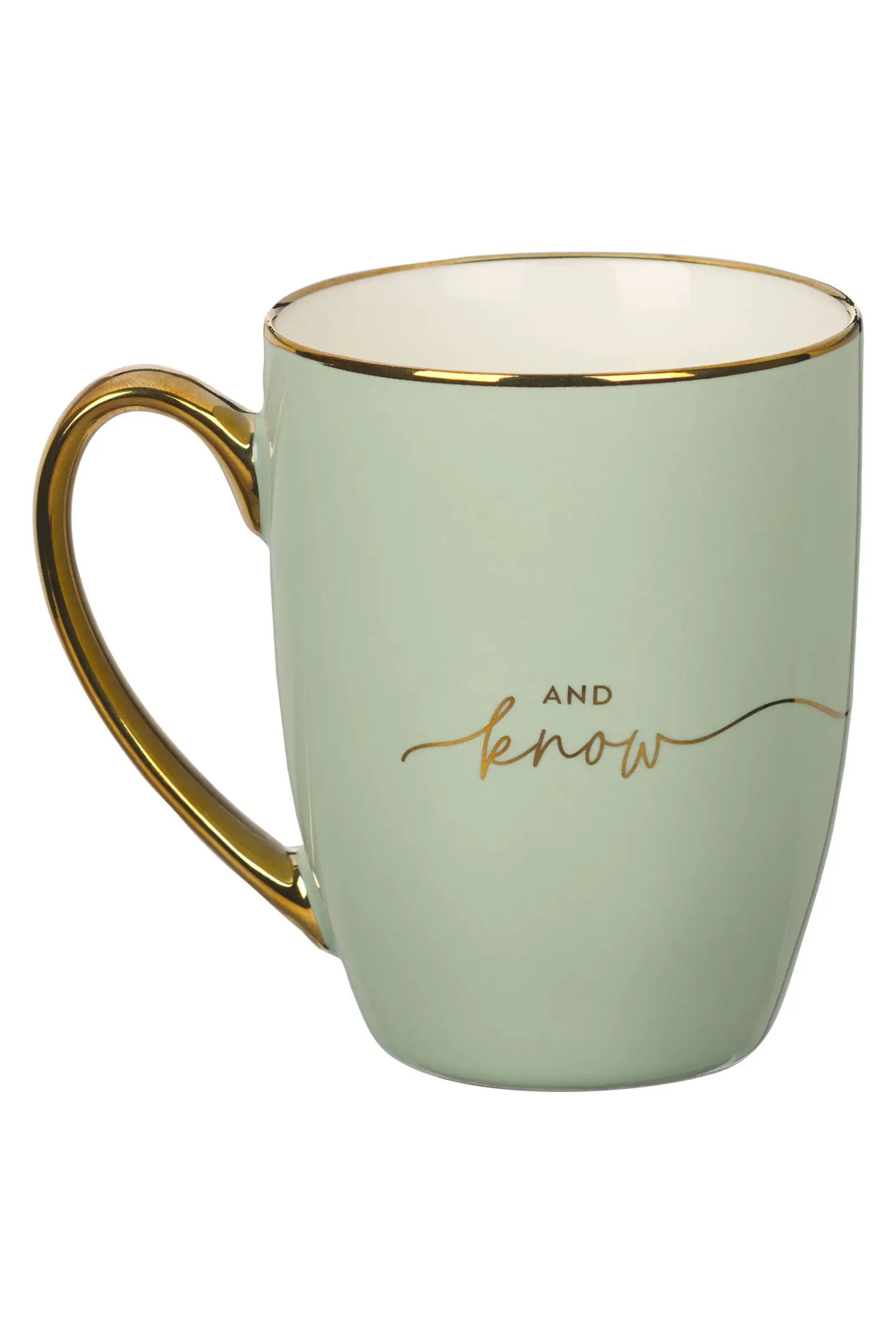 Be Still and Know Green & Gold Ceramic Coffee Mug - Christian Gift for Women (detail view 2)