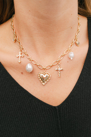 Pearl & Heart Charm Statement Necklace