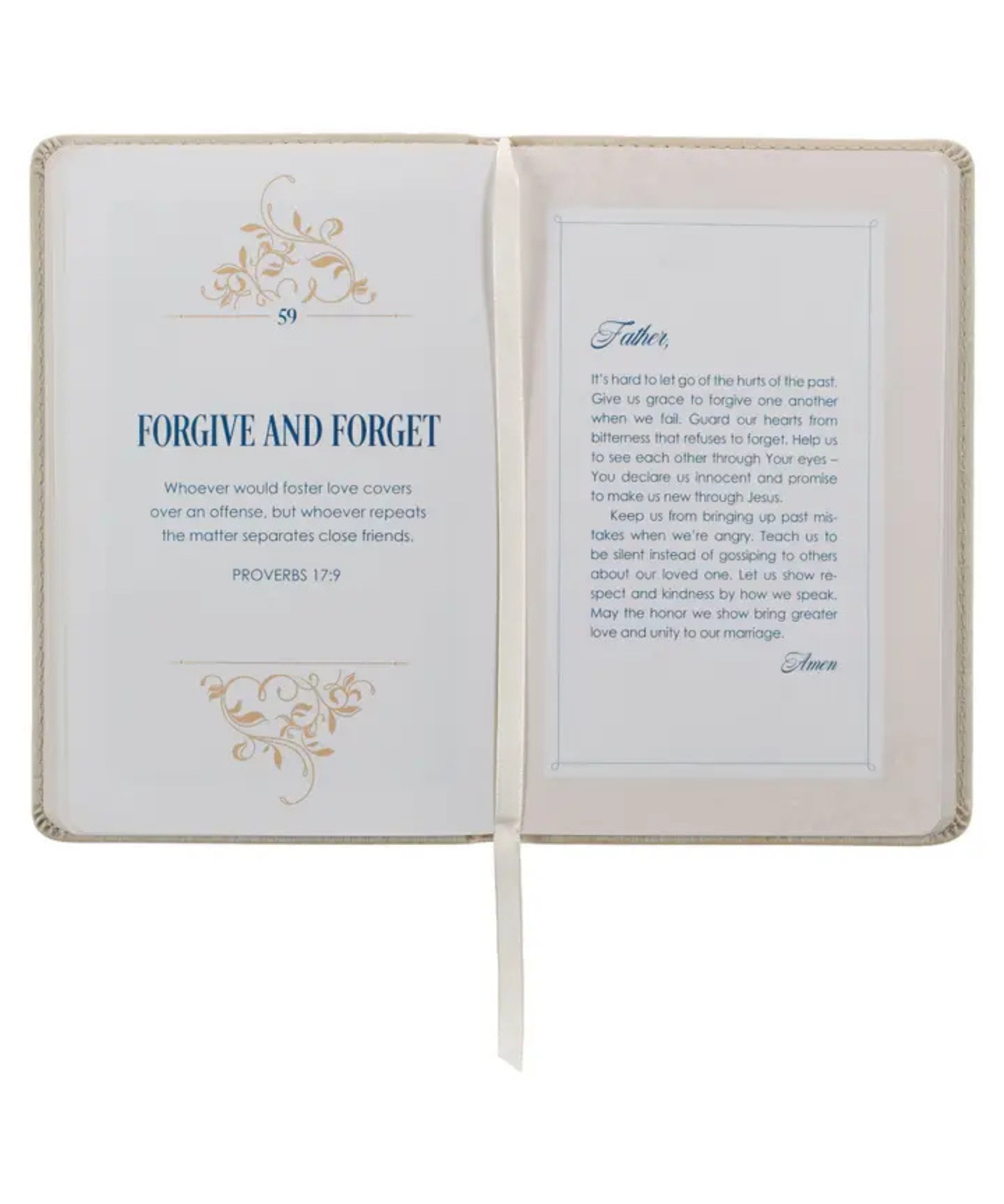 Open book with text and decorative elements on a white background