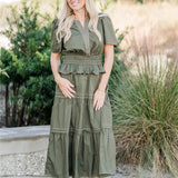 Short Sleeve V-neck Tiered Midi Dress