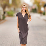 V-Neck Drop Shoulder Draped Midi Dress