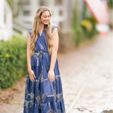 V-Neck Collared Cinch Waist Printed Tiered Maxi Dress