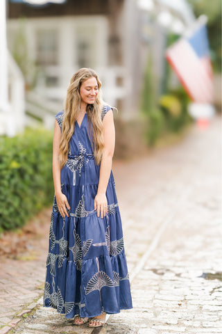 V-Neck Collared Cinch Waist Printed Tiered Maxi Dress