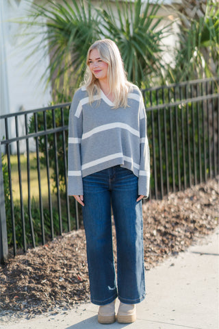 V-Neck Collar Stripe Pullover Knit Sweater