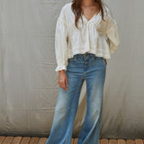 Eyelet Collar V-Neck Button Down Long Sleeve Blouse