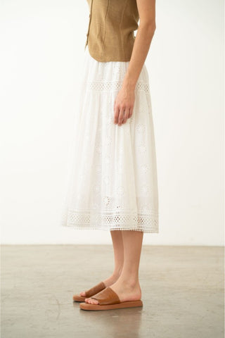 Eyelet-Embroidered Tiered Midi Skirt