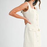 Sleeveless Square Neck Tweed Button Down Dress with Front Pockets