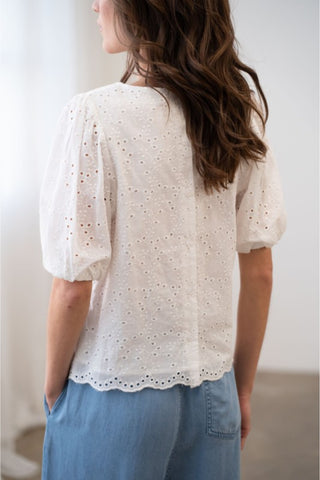 Eyelet-Embroidered Puff Short Sleeve Blouse