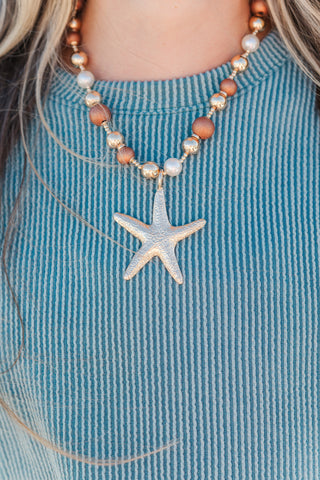 Wood & Pearl Bead Starfish Necklace