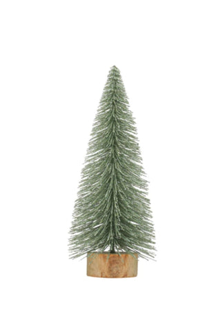 Small artificial Christmas tree with a wooden base on a white background