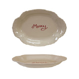 Two ceramic pie dishes with 'Merry' text on a white background