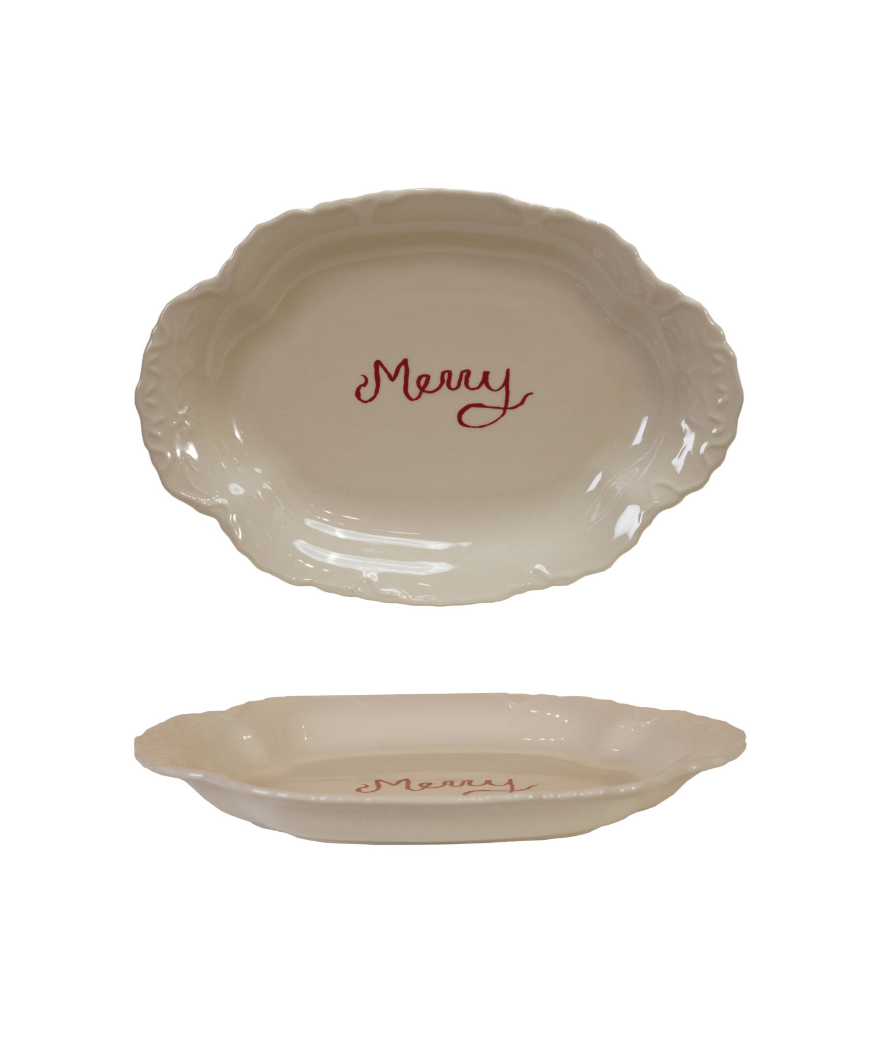 Two ceramic pie dishes with 'Merry' text on a white background