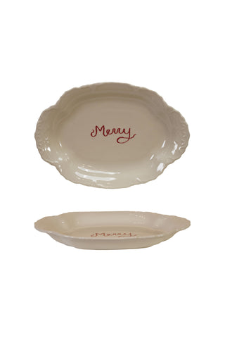 Two ceramic pie dishes with 'Merry' text on a white background