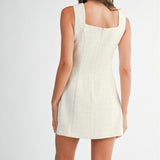 Sleeveless Square Neck Tweed Button Down Dress with Front Pockets