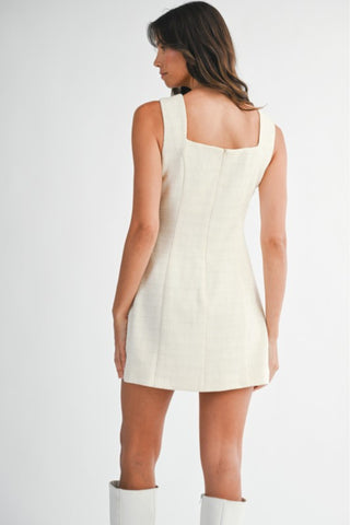 Sleeveless Square Neck Tweed Button Down Dress with Front Pockets