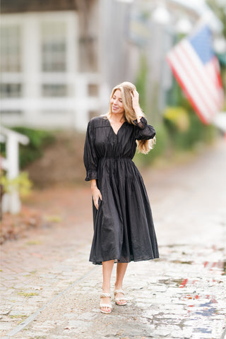 Tie V-Neck Long Sleeve Cinched Waist Midi Dress