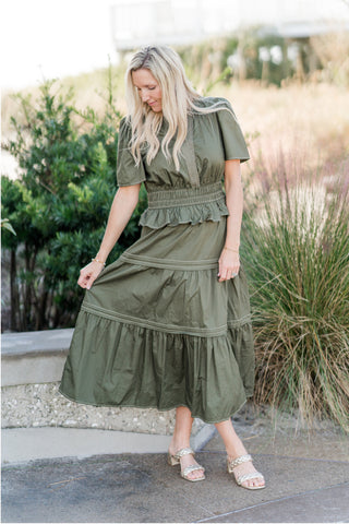 Short Sleeve V-neck Tiered Midi Dress