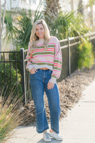 Multicolor Stripe Crewneck Knit Sweater