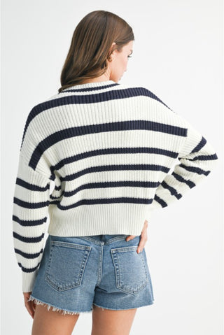 V-Neck Ribbed Button Down Stripe Cardigan