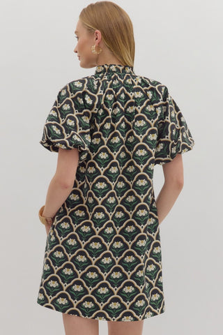 V-Neck Botanical Print Puff Sleeve Dress
