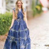 V-Neck Collared Cinch Waist Printed Tiered Maxi Dress