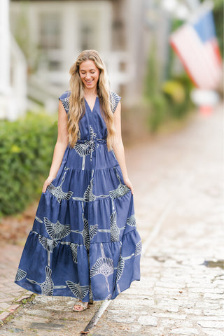 V-Neck Collared Cinch Waist Printed Tiered Maxi Dress