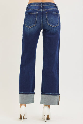 Mid Rise Straight Jeans With Cuffed Hem