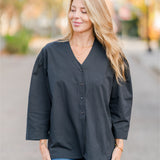 Oversized V-Neck Cotton Button Down Top