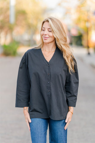 Oversized V-Neck Cotton Button Down Top