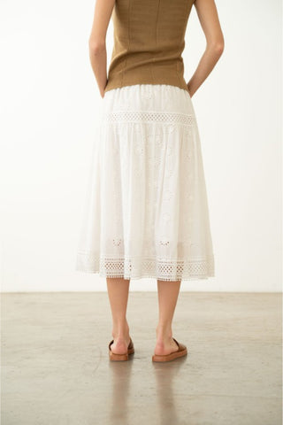 Eyelet-Embroidered Tiered Midi Skirt