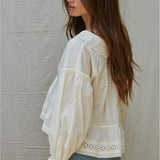 Eyelet Collar V-Neck Button Down Long Sleeve Blouse